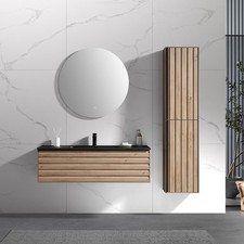 Ensemble meuble salle de bains THALINA – Noir & bois, vasque marbre, miroir LED