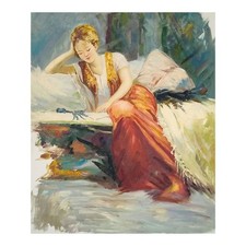 Tableau Peint À La Main Huile Sur Toile 50x60 Cm Fabriqué En Italie Femme Assise