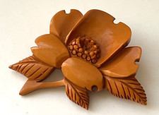 Magnifique Broche JAPON en Bois FLEUR Camélia 4,9cm Neuve !