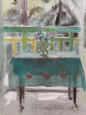 Dessin  ancien nature morte et balcon table volante  pastel 1900 TERLES JEAN