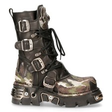 New Rock 591-S15 Bottes Camouflage Flamme Métallique Cuir Noir Goth Punk Motard