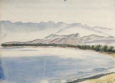 Aquarelle Originale Paysage Bord de Mer Montagnes CORSE Calvi 1950
