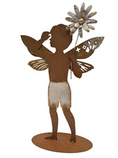 statue fée garçon   en fer avec une fleur 