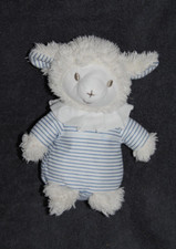 ?Doudou Mouton AVENE Blanc Rayé Bleu Collerette Blanche Peluche 18 Cm TTBE