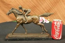 Véritable Bronze Signé Original Statue Sculpture De Jockey De Course À Cheval