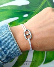 Bracelet cordon satiné blanc breloque maille marine acier inoxydable Bijou H