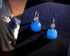 Boucles d'oreilles Dormeuse Argenté Art Deco Demi Perle Agate Bleu SC2