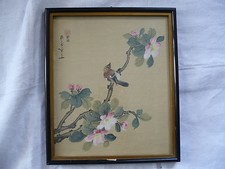 AQUARELLE OISEAU BRANCHE SUR UN RAMEAU FLEURIS JAPON DEBUT DU 20 EME N° 1