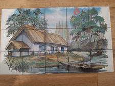 Rare Fresque 15 Carreaux de Faïence Grès Marais Vendéen Maison Toit de Chaume