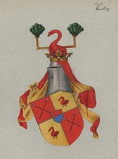 1880 - Armure De Chevalier Oie Couronne Blason Généalogie Originale Aquarelle