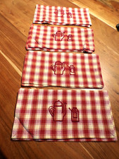 Linge ancien 1 Lot de 4 Porte serviette vichy rouge et blanc avec broderies