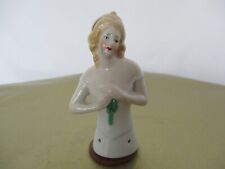 German Flapper with Green Bow Pin Cushion Half Doll Good 3-3/4" Tall