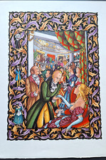 Gravure enluminure polychrome et or  par Lucy Boucher: réception au bal