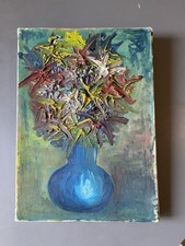 Petit tableau gouache huile? toile bouquet fleurs vase vintage stylisé relief