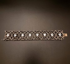 Ancien Bracelet manchette Art Déco 1920 France, Argent Or Cristaux