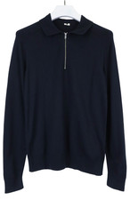 Arket Pull Homme Petit Bleu Marine à Col Tricoté 1/4 Éclair Lin Laine Mélange