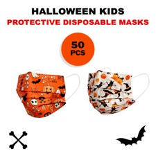 50 Pièces Enfants Halloween Jetable Visage Masque 3-Ply Médical Ear-Loop Bouche