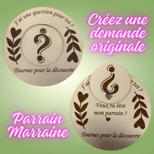 Faire Part, Demande Parrain Marraine en Bois, objet gravé et découpé au laser