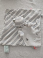 Doudou Plat Carré Anna Milo Chat Gris Rayé Blanc Etoile Attache Tétine NOUKIES