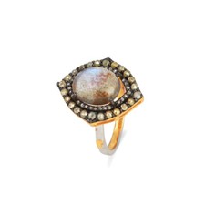 Bague pierre précieuse labradorite pavée de diamants argent 925 mariage or 14...