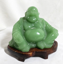BOUDDHA RIEUR statuette en VERRE couleur JADE socle bois H 11,5 cm