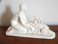 ANCIENNE SCULPTURE Art Déco en Céramique Craquelée Jeune Femme avec Chien