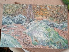 Tableau Huile sur bois. Forêt de Barbizon. Les roches grises.
