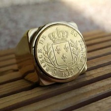 Bague Chevalière Carré 20 Francs Blason Royal France en Acier Inoxydable Doré Or