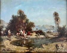 École orientaliste, "halte dans l’oasis" HSP signée. 19x24 cm.