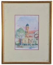 Petite église peinte de Ronvoyes aquarelle signée datée 1940