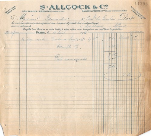 Facture 1921 allcock a - ,
