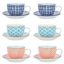 Tasses et soucoupes à cappuccino en porcelaine à motifs - 3 modèles - Lot de 6