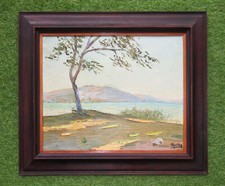 Ancien tableau très lumineux signé, Mer Méditerranée, Nice, bord du Rhône, Lac ?