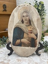 Ancienne Plaque Religieuse en Plâtre Imagerie Pieuse Sacré-Cœur de Marie Déb XXe