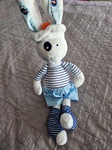 Doudou lapin blanc bleu - , rayé