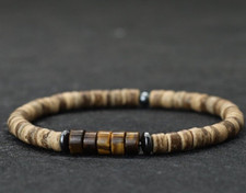Bracelet de perles oeil de Tigre, disque Hématite, Bois, Sur mesure Homme, Femme