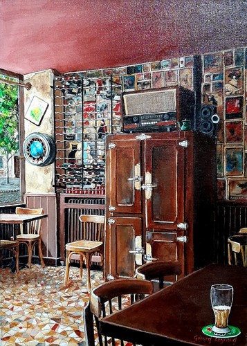 Tableau huile intérieur bar - tableau,