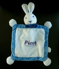 *. DOUDOU PLAT PICOT LAPIN BLEU 2 TONS NOEUD PAPILLON EXTRA DOUX NEUF*