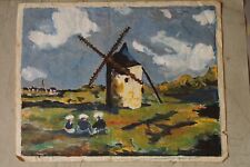 PEINTURE GOUACHE DESSIN XX° PAYSAGE MOULIN BRETAGNE FEMME BRETONNE MER