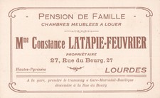 VIEUX PAPIER PUBLICITÉ PAPIER PENSION DE FAMILLE A LOURDES LATAPIE FEUVRIER