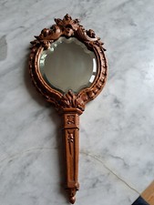 Face A Main, Miroir Biseauté Monture Bois Sculpté 