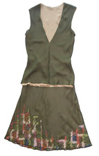 LANVIN vintage 1998, tailleur jupe soie vert kaki brodé, taille S