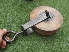 Antique primitive Wheel Pulley well Wrought iron hand old wood Campaign country 