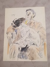 Dessin sur papier Encre de Chine  Homme et son" BOULEDOGUE FRANCAIS " 1938 Signé
