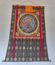 Grande Thangka Tibétaine Kalachakra Mandala – 145 × 100 cm – Brocart traditionne