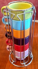 Tour de 6 Tasses à Café Multicolore avec Support Chromé Empilables Céramique
