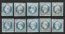 France, lot de 10 timbres Empire YT n° 14 bleu laiteux, oblitérés