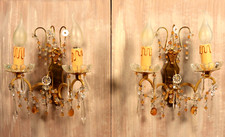 Antique French Murano Glass Gilt Bronze Wall Sconce PAIR Crystals Beads Lamps