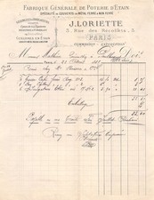 1888 FABRIQUE GENERALE DE POTERIE D ETAIN J LORIETTE A PARIS - M. MATHIEU A P