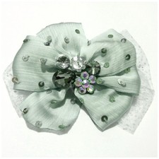Broche pince classique gros noeud bleu vert pâle tissu sequin strass